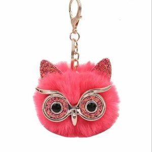 Fuzzy OWL Pom Pom Bag Charm Keychain Purse Pink Glasses Rhinestones GIFT